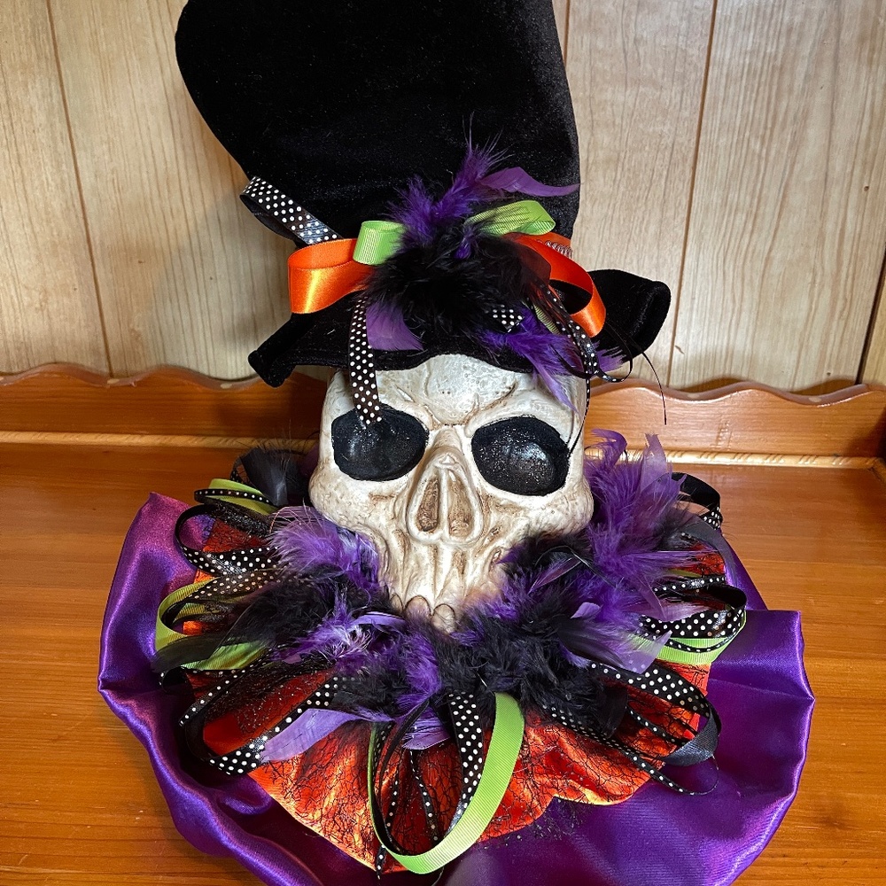 Eccentric colourful vintage Halloween scull table centrepiece display decoration